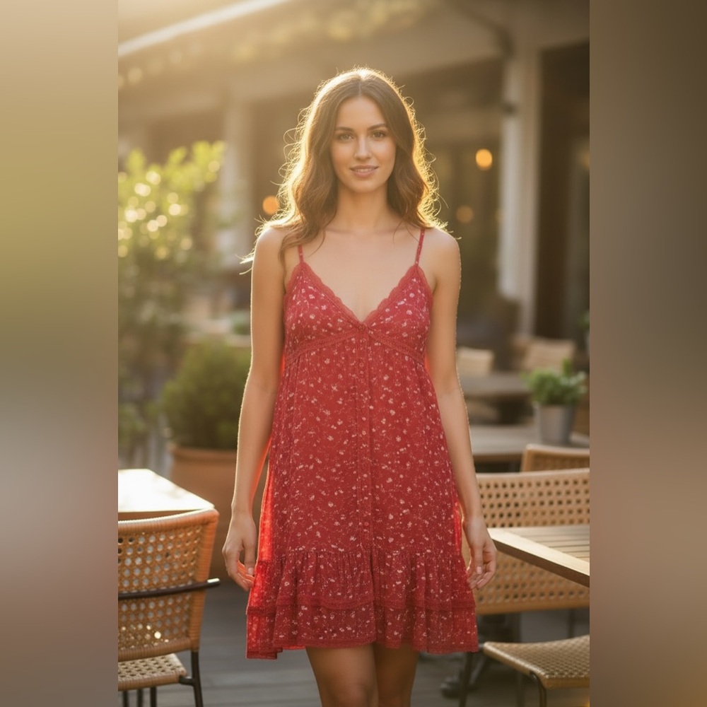 Studio Iko by Waltex Red Floral V-Neck Summer Mini Dress Size Large